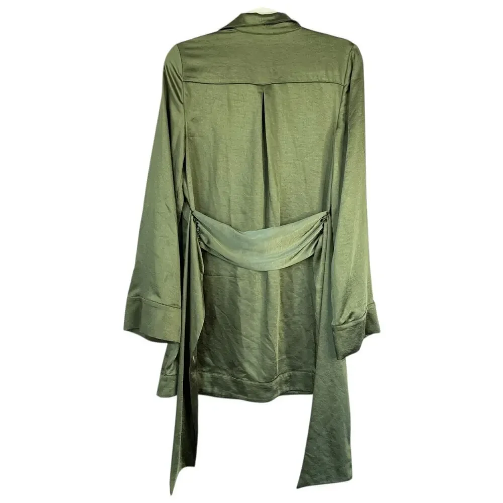 CAMILA COEHLO Priscilla Mini Dress Sage Green Satin Button Up Tie Waist Size XS